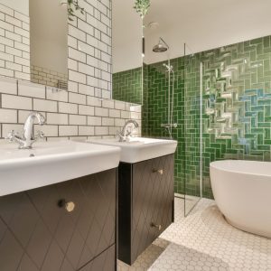 Stylish bathroom with unusual brick tiles Stylish bathroom with unusual brick tiles and unusual flooring
